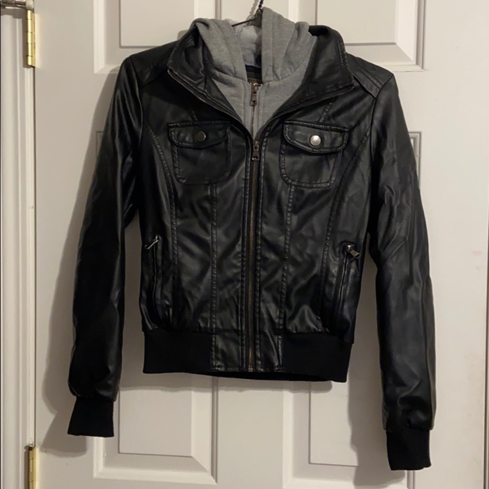 Ci Sono Black Leather Jacket with removable hood